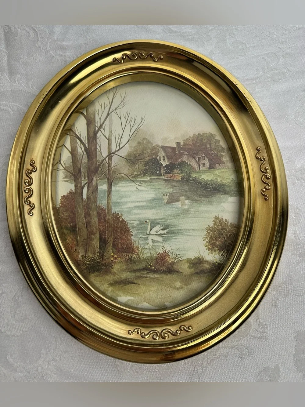Gold Oval Wall Art Pair with Countryside Prints
